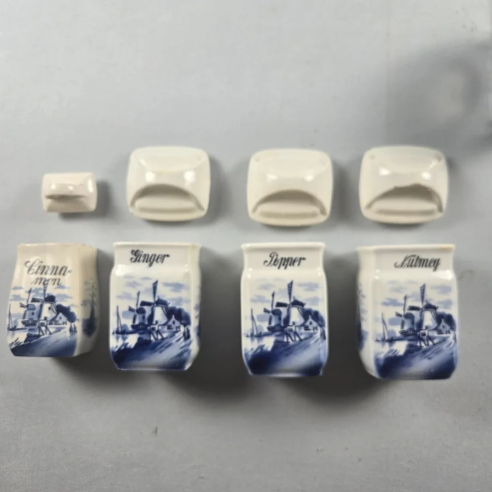 Vintage Delft Blue Dutch Windmill 4 Spice Jars Ginger Pepper Nutmeg Cinnamon